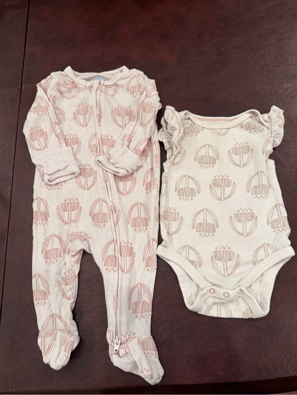 cloud island Pink Floral-Pattern Footed One-Piece and Ruffle-Sleeve Bodysuit Set